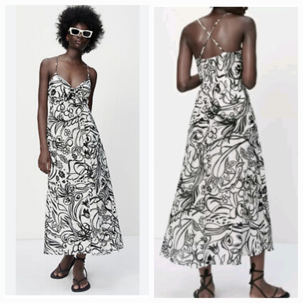 Zara Maxi Dress Size XXL- Black and White Floral Tie Front